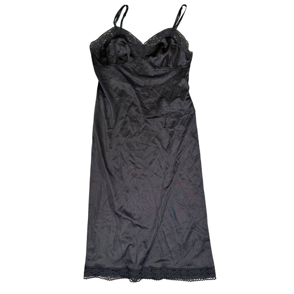 Vtg Vanity Fair Black Nylon Lace Slip Dress 38/28 Antron III Adjustable Straps